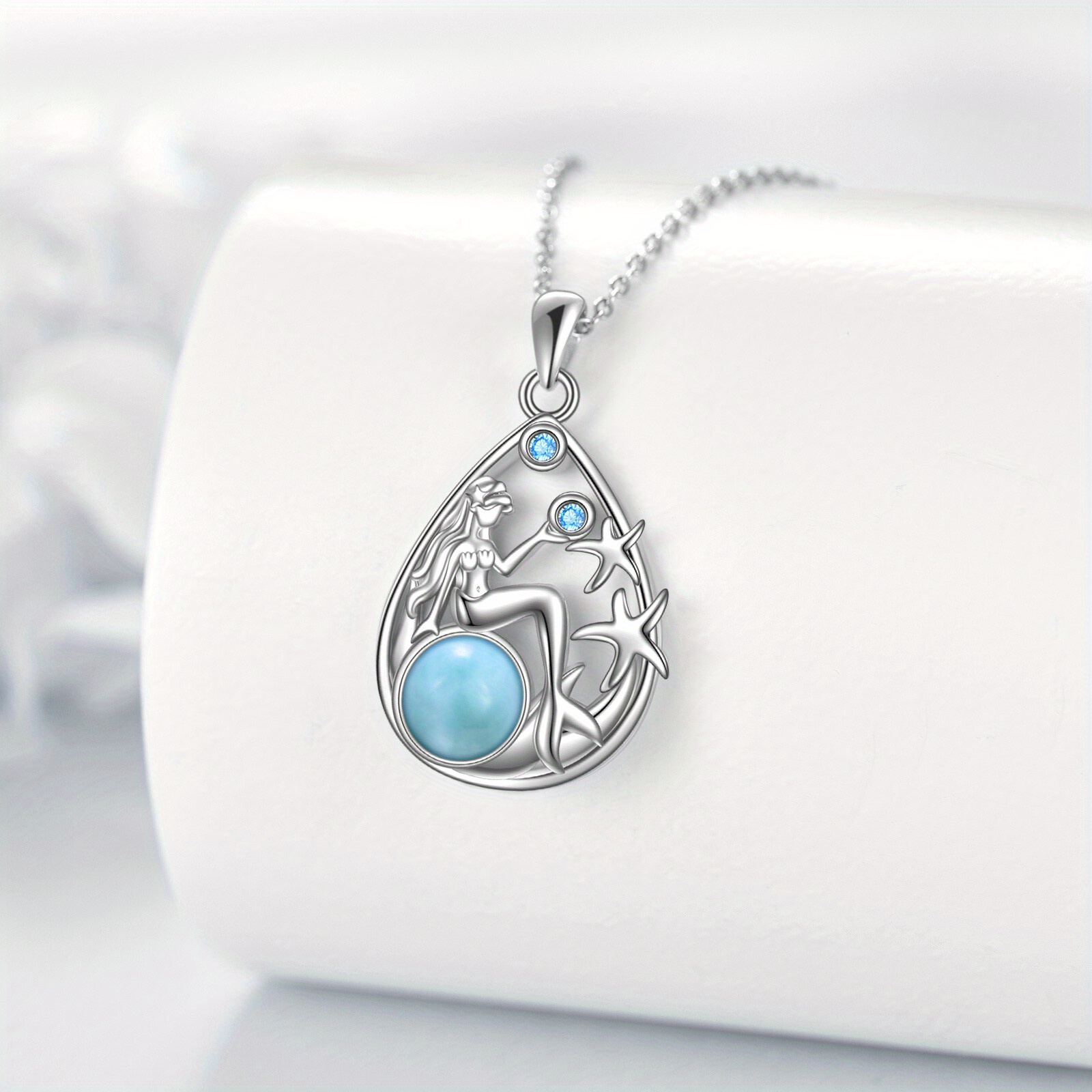 Women's Sterling Silver Mermaid Larimar Teardrop Necklace